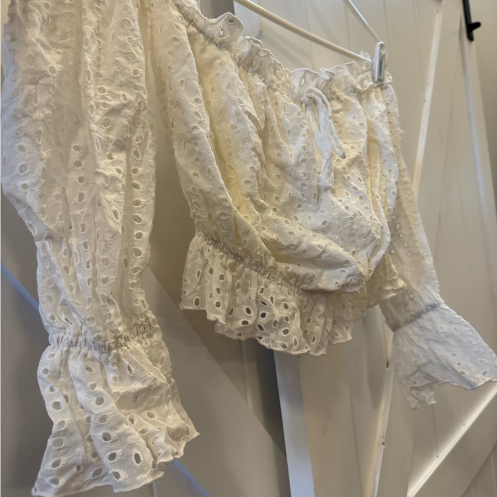 Tea & Cup Off-Shoulder Eyelet Lace Smocked Top - White